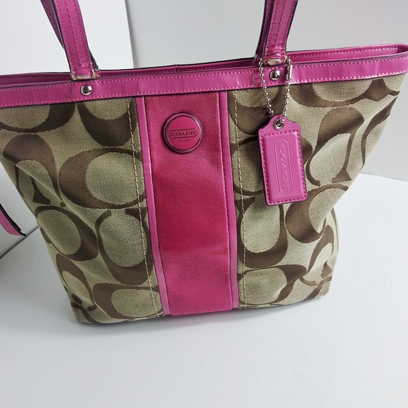 Coach Handbags - Coach #F21950 Signature Stripe Tote Khaki & Pink